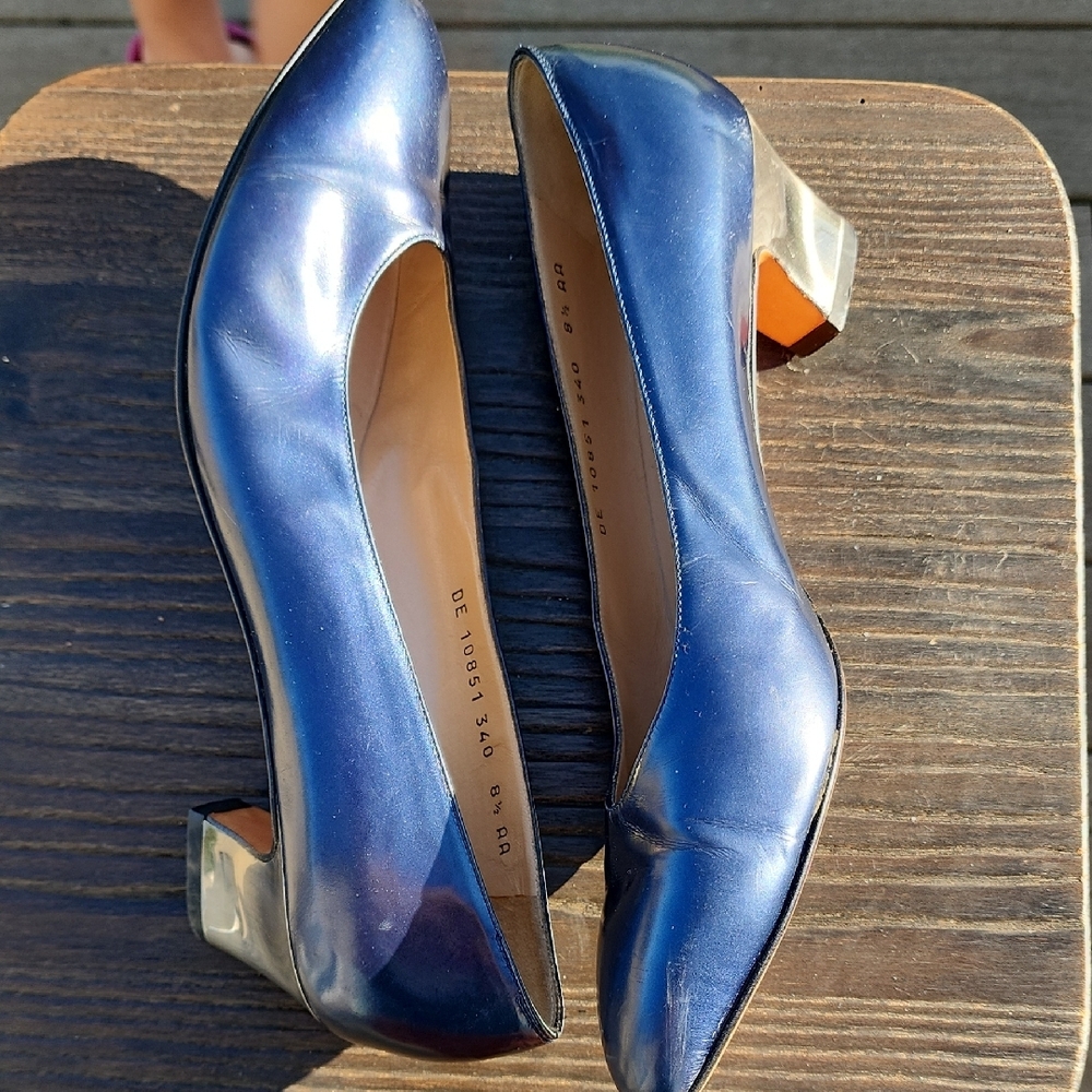 (8.5 AA) Salvatore Ferragamo Navy Blue Silver Mirrored Heels Shimmery Luxury - Picture 3 of 14
